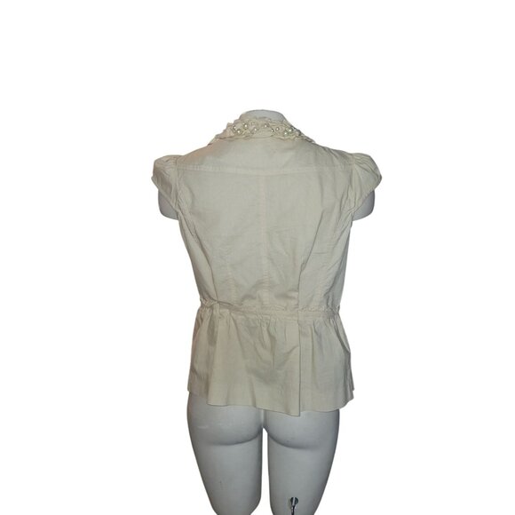 Du Jour XS Ivory Ruffled Pearl-Accent Cap Sleeve Blouse 100% Cotton Womens Top - Picture 3 of 6